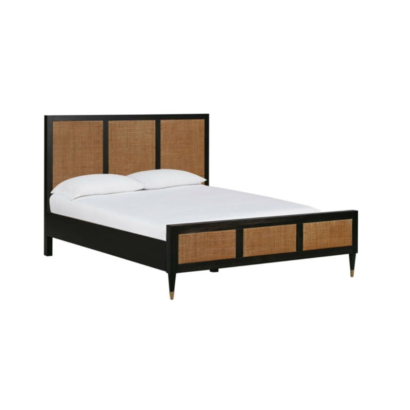 Noir Bed in Queen/ oak black spindle bedside table - varnished