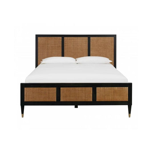 Noir Bed in Queen/ oak black spindle bedside table - varnished