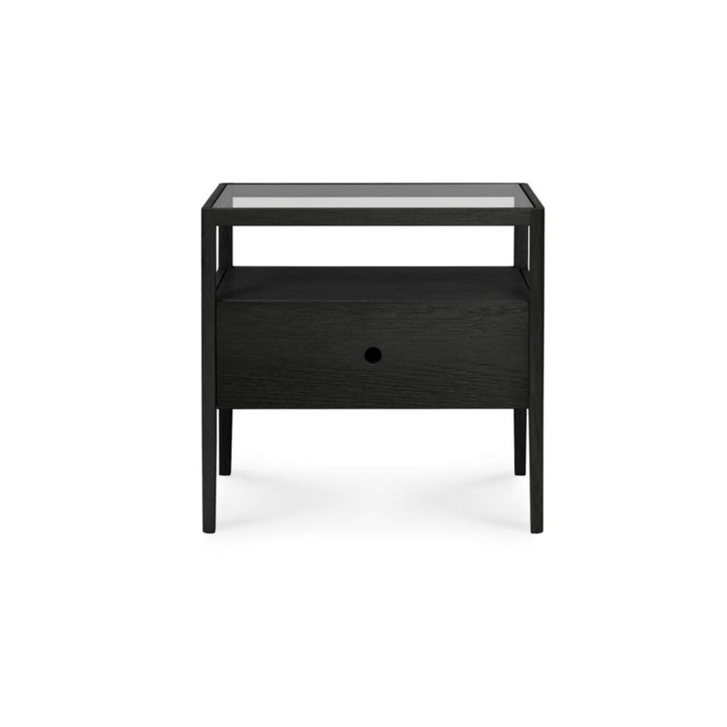 Noir Bed in Queen/ oak black spindle bedside table - varnished