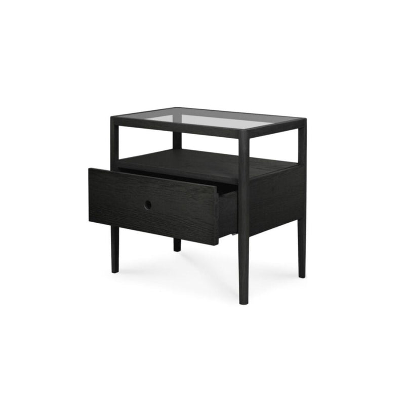 Noir Bed in Queen/ oak black spindle bedside table - varnished