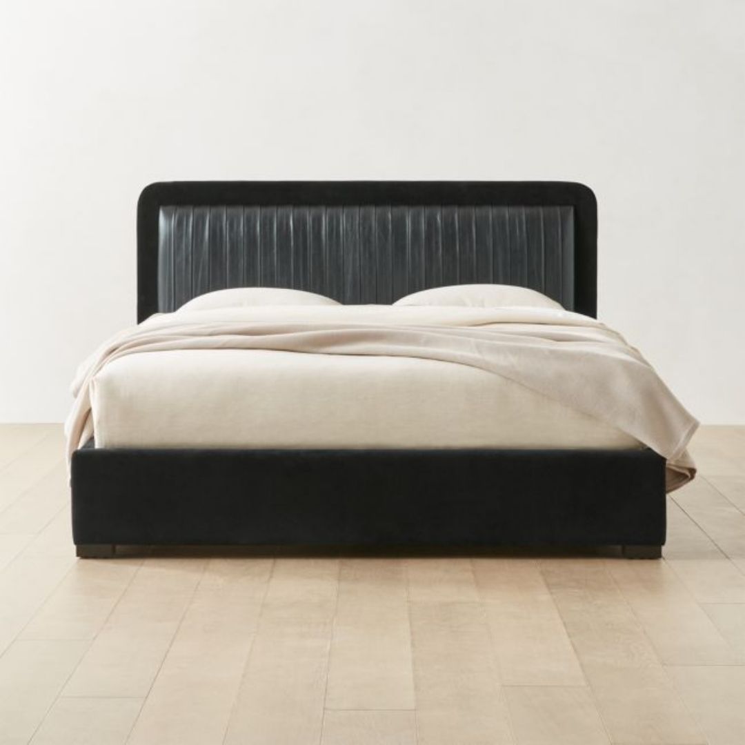 CLAUDETTE BLACK LEATHER AND VELVET UPHOLSTERED QUEEN BED